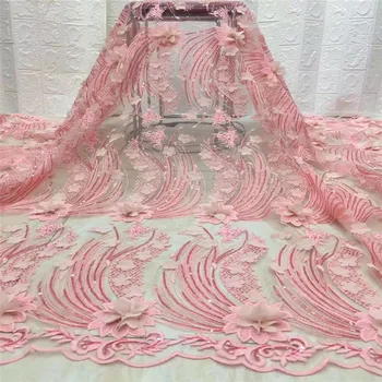 

Pink Nigerian Tulle Net Lace Fabric Mesh Beautiful 3d Flowers French High Quality Lace Fabric Sequins African Lace For Wedding
