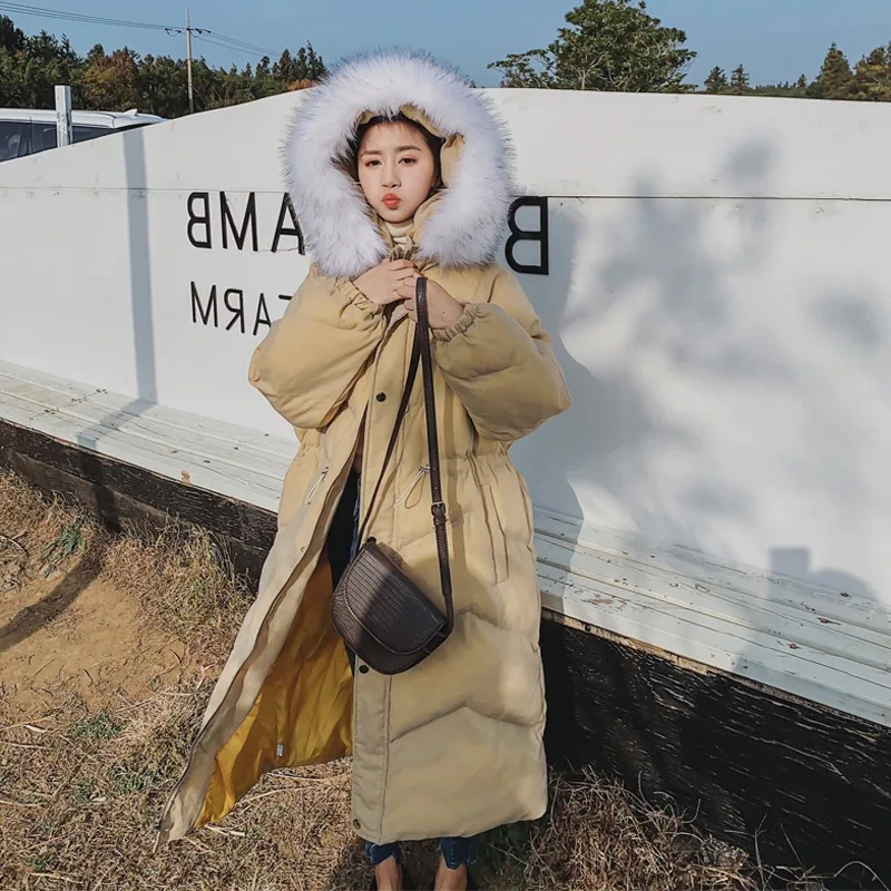 

Photo Shoot CHIC Yellow Long Hooded Large Fur Collar Drawstring Waist Hugging down Coat College Style Thick Cotton Overcoat Wome