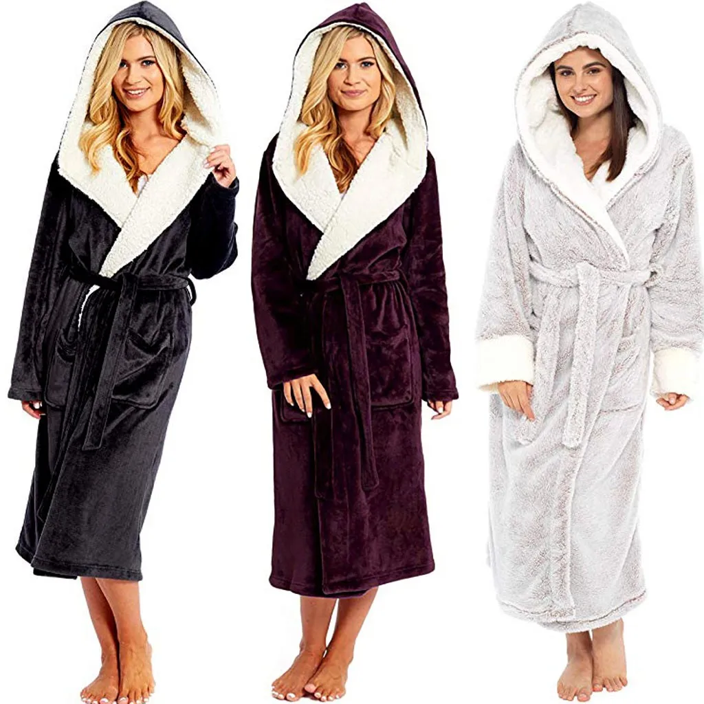 Women Robe Sleepwear Winter Plush Lengthened Shawl Bathrobe Home