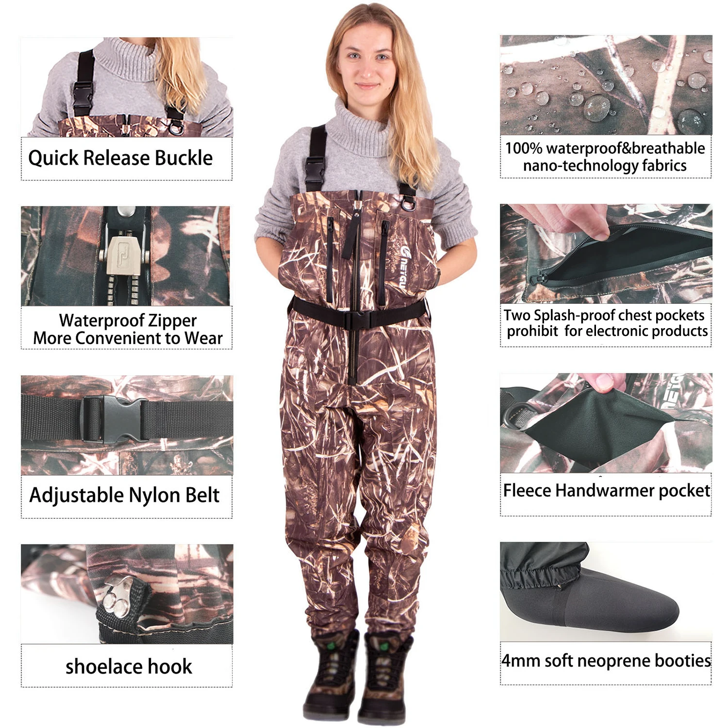 NeyGu Withered Reed Leaf Quick-Drain Waterproof fishing Wader with Front Venting Zip userful in flood，rainy snowy weather