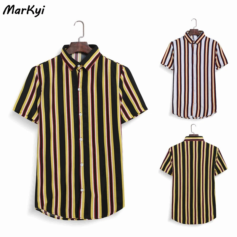 

MarKyi 2020 summer new striped short sleeve casual shirts for men plus size cotton hawaiian shirt men
