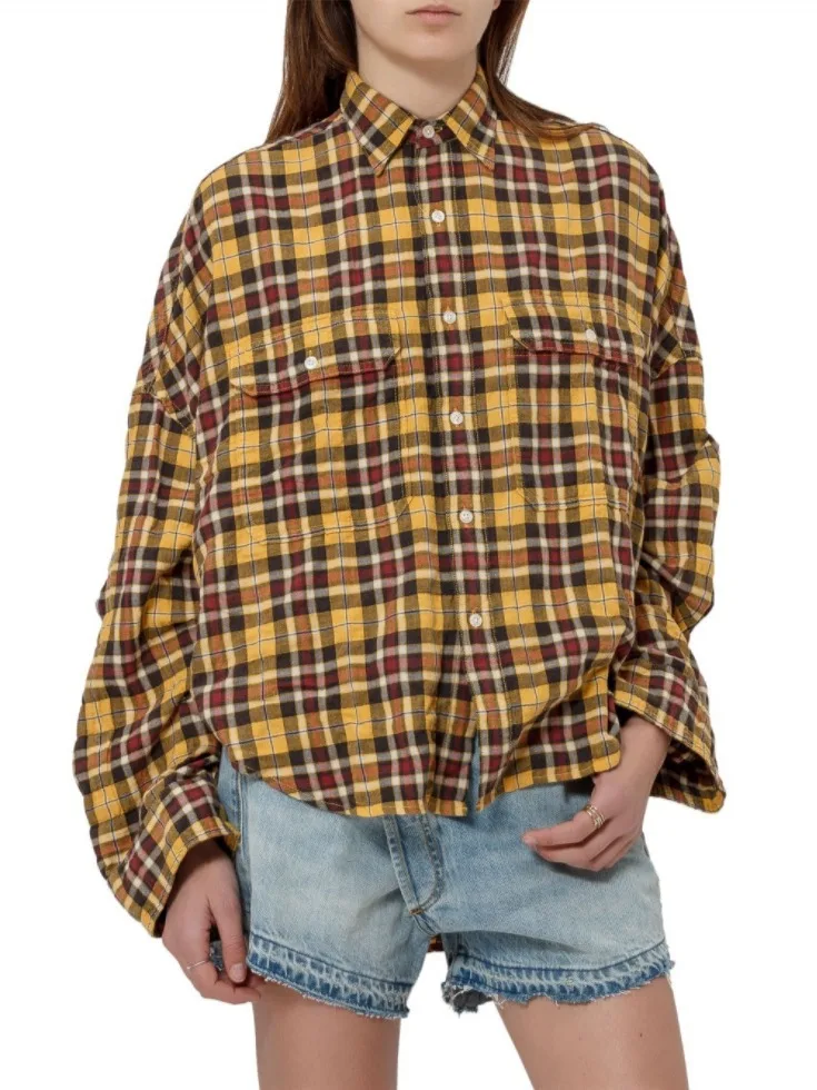

2019 Autumn Retro Yellow Plaid To Make Old Shirt Design Casual Loose Long-sleeved Turn-down Collar Plaid Blouses Women Clothing