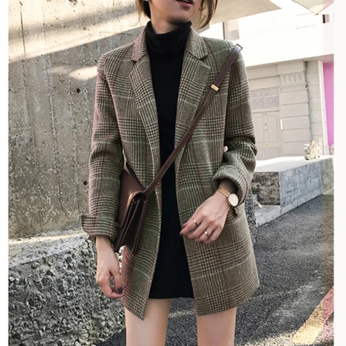 

Aihuyigui New Autumn Winter Women Plaid Jacket Coat Elegant Vintage Plaid Loose Mid-length Woolen Plaid Small Suit Coat Dr Dr729