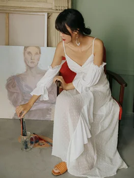 

Summer White Dress Women Long Dress Sling Slash Neck Dress Autumn Women Dress New Vacation Short Sleeve Chiffon Long Dress