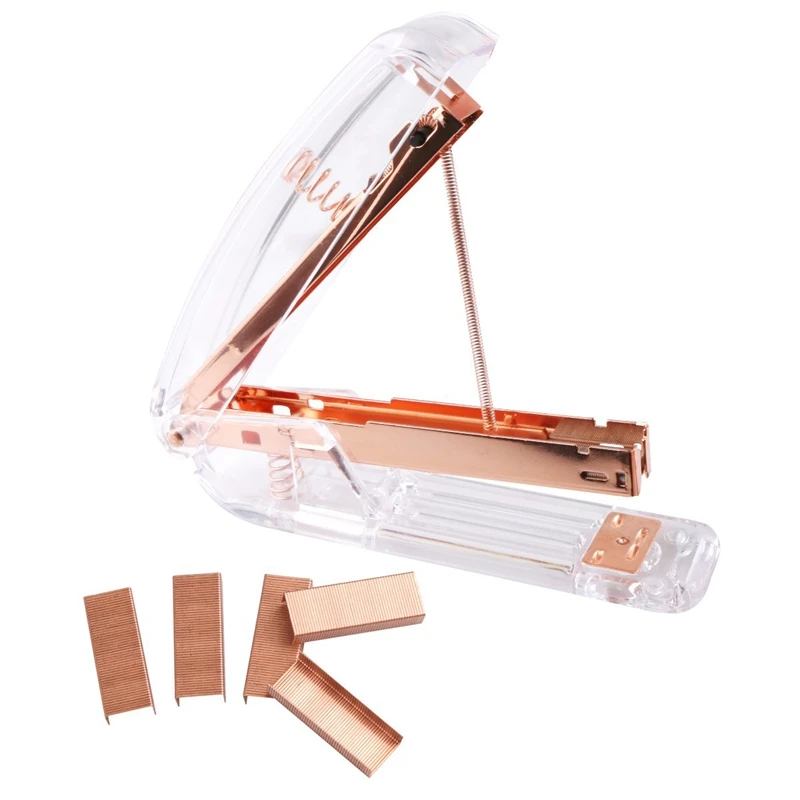 

Rose Gold Stapler Acrylic Desktop Stapler with 1000 PCS Rose Gold Staples and 10 Pieces Blinder Clips for Office School Home Acc