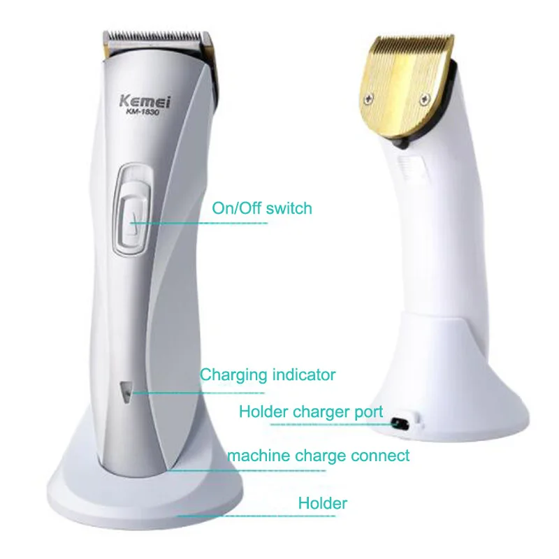 KEMEI KM-1830 профессиональная перезаряжаемая электрическая машинка для стрижки волос Бритва Парикмахерская Машинка для стрижки волос с держателем белая