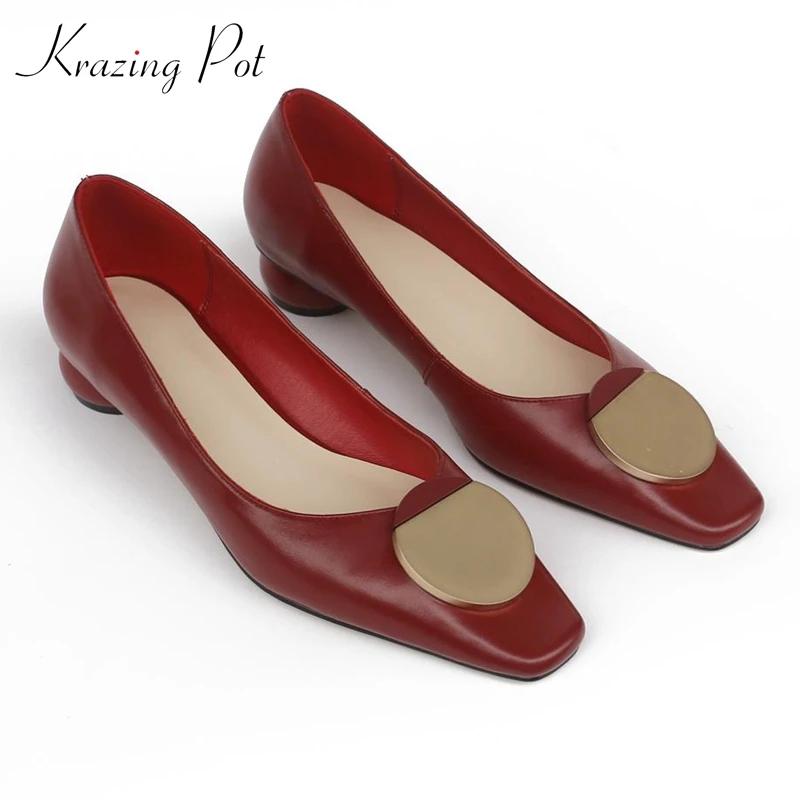 

Krazing pot hot saling full grain leather square toe round low heels dance party elegant circle buckle fastener Autumn pumps l65