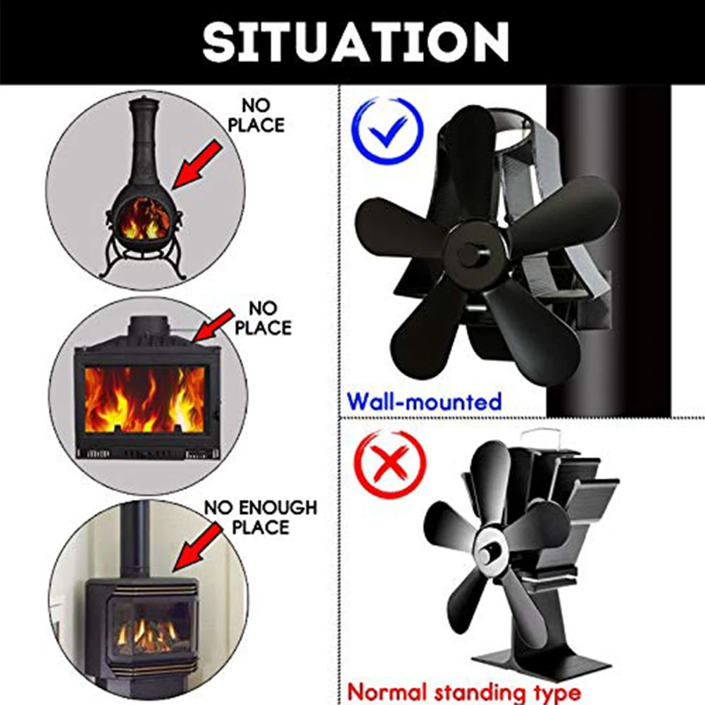 

Burner Black Quiet 5 Blade Home Fireplace Fan Portable Durable Aluminum Efficient Eco Friendly Heat Powered Wall Mount Stove