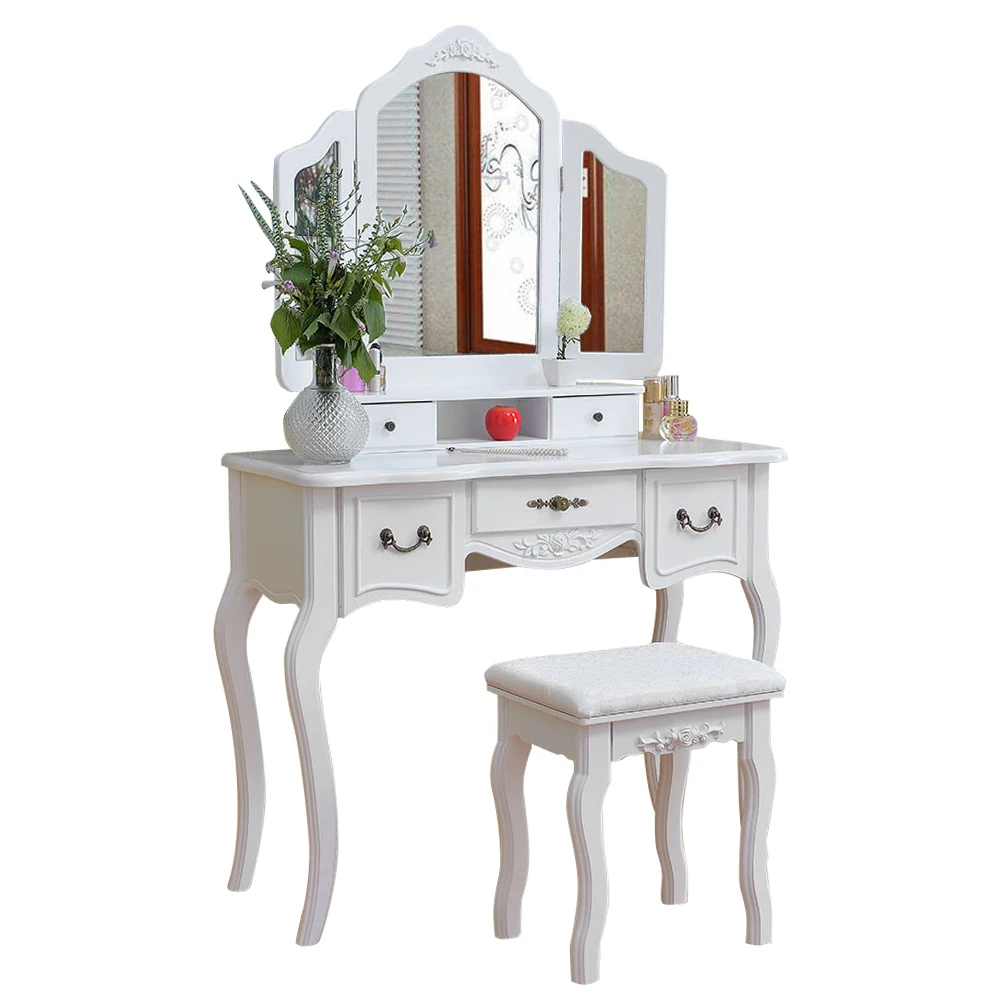 White Vanity Wood Makeup Dressing Table Stool Set With Tri Fold