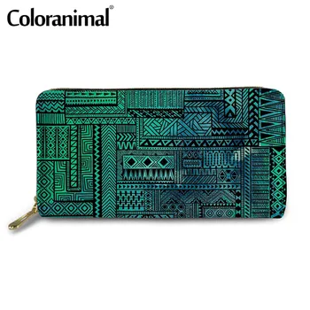 

Coloranimal Tribal Style Women Clutch Wallet Protable PU Lady Credit Card Holder Gradient Boho Geometric Pattern Female Purse