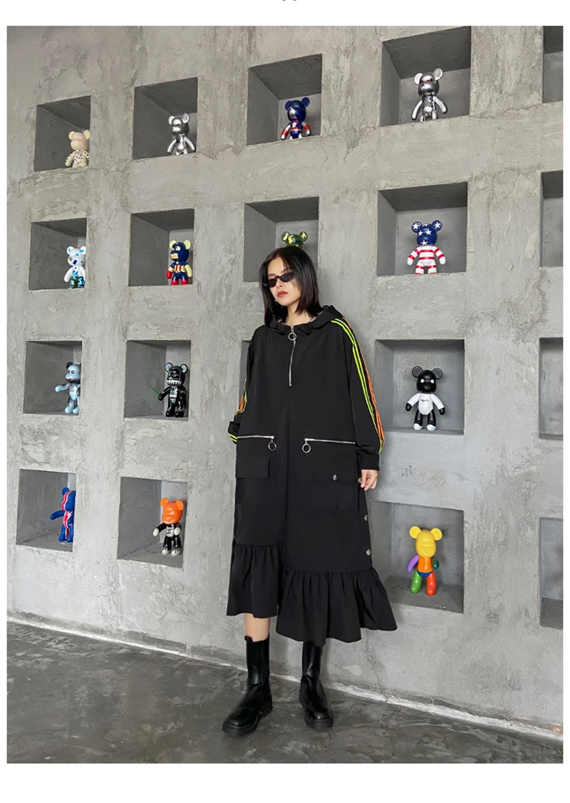 [EAM] Women Black Striped Ruffles Long Big Size Long Dress New Hooded Long Sleeve Loose Fit Fashion Spring Autumn 2020 1DA229