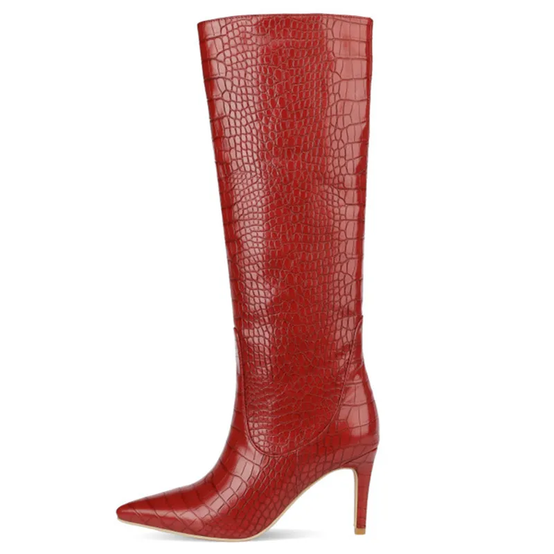 Sexy Slim High Heel Boots Quality Brand Designer Stiletto Heel Botas Mujer Pointed Toe Embossed Female Knww High Boots Plus Size