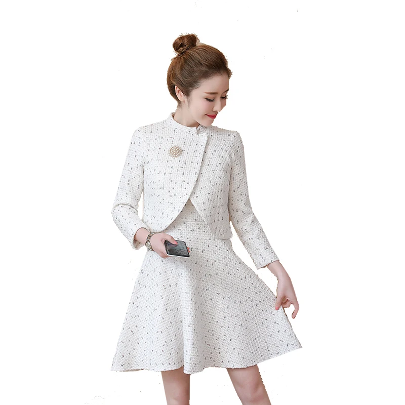 2019 новый осенне-зимний твидовый комплект из 2 предметов Платье женское Элегантное повседневное жемчужное брошь с бисером короткая куртка +