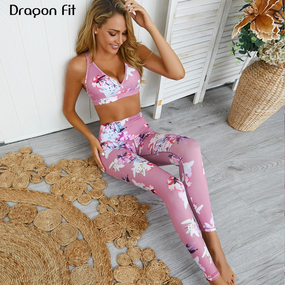 

Dragon Fit Workout Floral Print Yoga Sets 2 Piece Women Gym Fitness Suit Yoga Bra+Pants Set For Women Moisture Wicking Sportwear