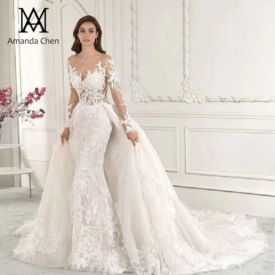 Robe Mariage с длинными рукавами с кружевной аппликацией; прозрачная платье с расширенным съемным подолом, свадебное платье