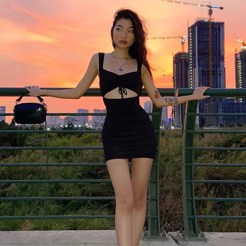Sexy Dress Women's Clothes Spaghetti Strap Hollow Out Sleeveless Slim Sheath Spring Summer Mini Lady Casual Mujer Vestidos | Женская