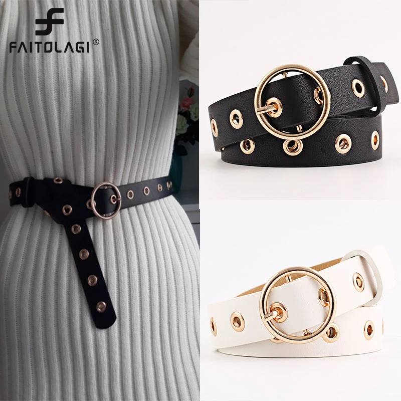Round Ring Buckle Waist Belt Solid PU Leather Waistband for Men Women Black