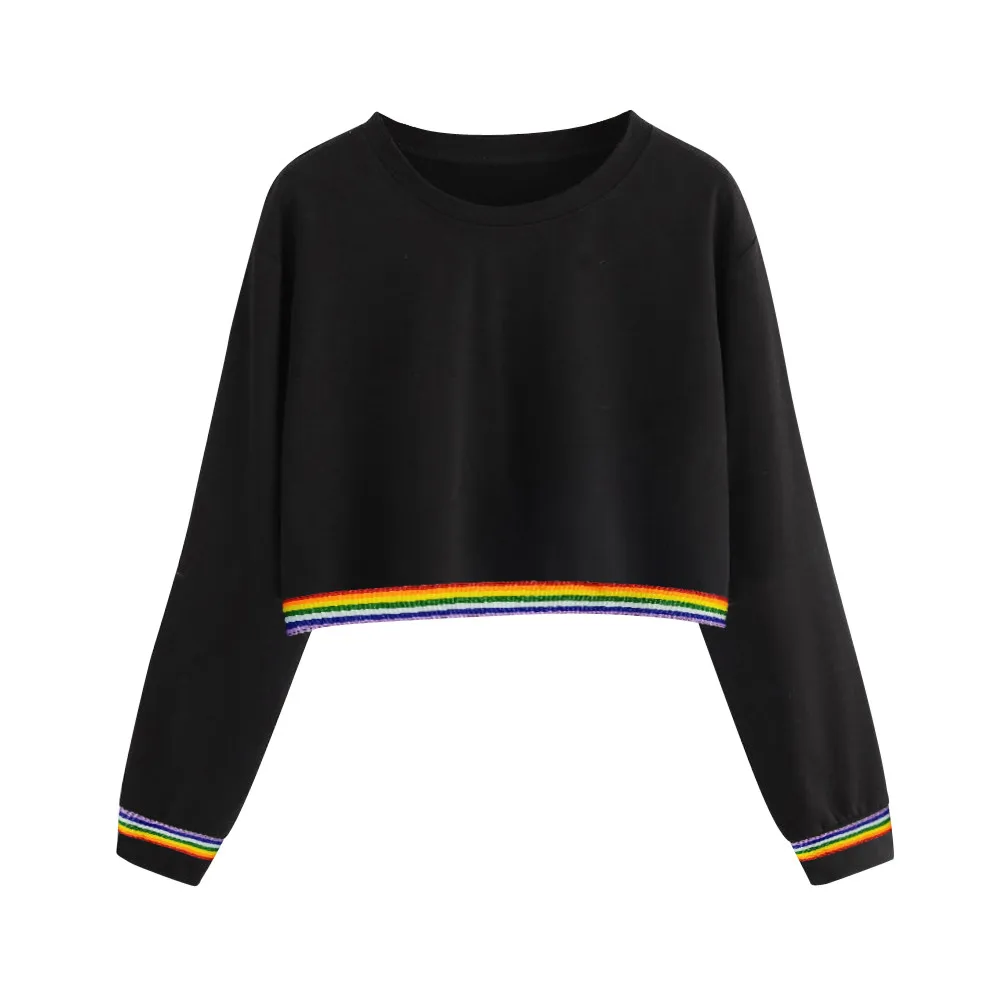 JAYCOSIN Fashion Women Autumn Casual Simple Sweatshirt Back Ribbon Rainbow Long Sleeve Comfortable Popular Soft Short Blouse