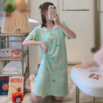 

Summer Women Nightgown Cartoon Print Sleepshirts Short-sleeves Milk Silk Nightie Nightdress,