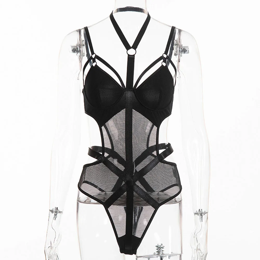 2020 Mesh Transparent Sexy Bodysuits Women Black Gothic Fashion Nightclub Overalls Skinny Body Suit Punk Hollow Bandage Rompers