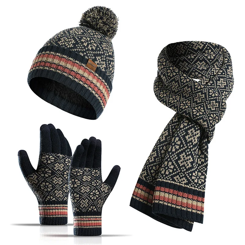 Men's Winter Warm Three-Piece Simple Style Knitted Wool Plus Velvet Hat Scarf Glove Set knitted hat scarf set