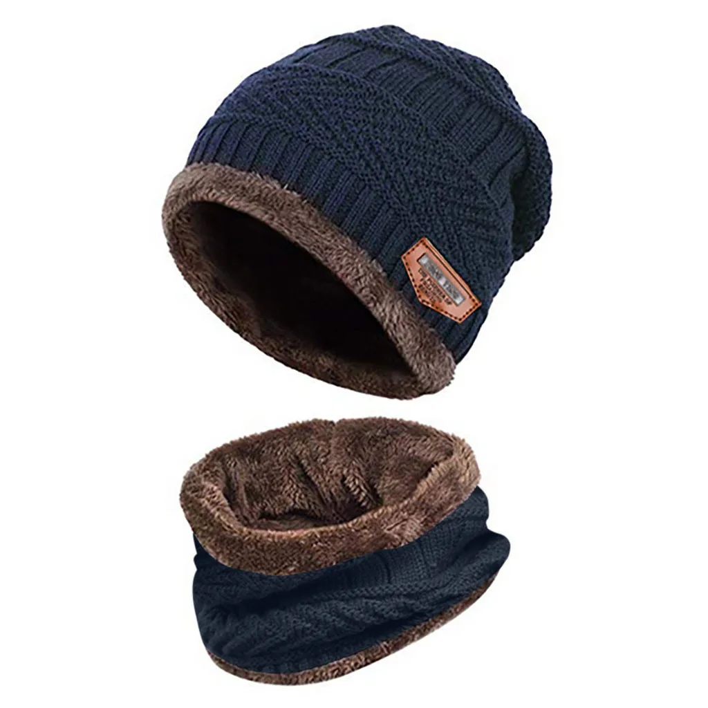 Navy Мужская теплая шапка Skullies+ мягкий шарф, комплект из двух предметов, зимняя утолщенная шапка, Мужская ветрозащитная вязаная шапка, грелка для шеи# T5P - Цвет: Navy