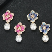 GODKI известный бренд Цветочные амулеты женские серьги трендовые AAA кубический циркон Имитация жемчужной Сережки для женщин аксессуары