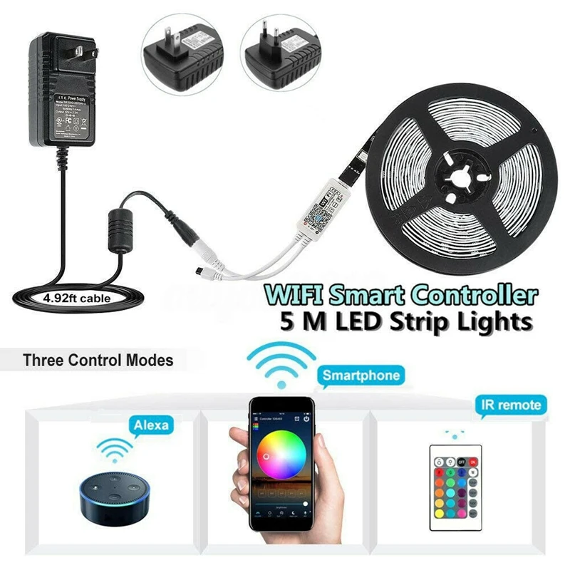 5 м Rgb Led Wifi светильник с регулируемой водонепроницаемой лампой для Echo Alexa Google Home