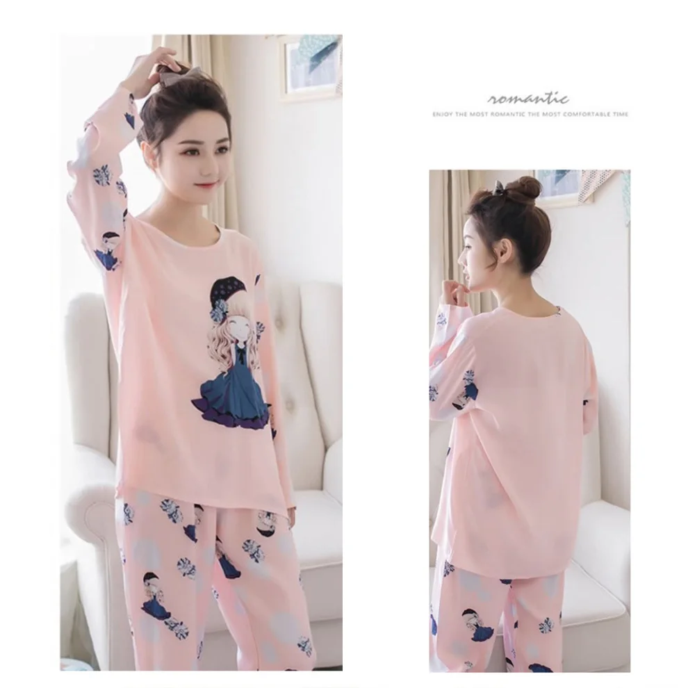 Perfering розовый пижамный комплект для женщин осень Новая Домашняя одежда Хлопок мультфильм рубашка+ длинные брюки 2 шт. милые пижамы для женщин