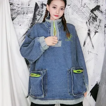 

TVVOVVIN 2020 Original Half Zipper Sweatshirt Spring New Women's Loose Korean Long Sleeve Pocket Shirt Denim Jacket PC172