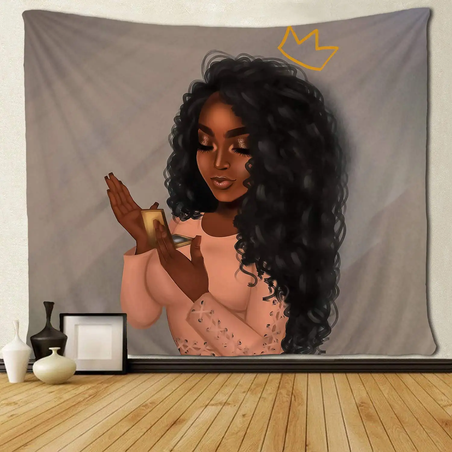 

Black Art Tapestry Wall Tapestry Beautiful Afro African Woman American with Queen Crown Make Up Wall Hanging