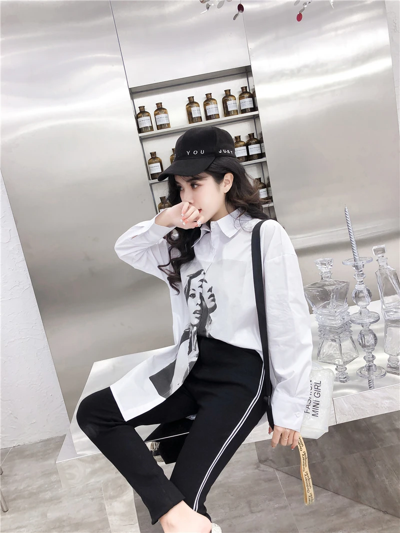 2020 Spring Summer Women Blouses BF style loose shirts Harajuku Streetwear Character Print Long Sleeve Blouses Shirts