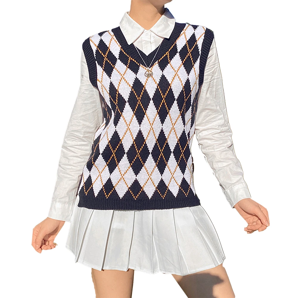 

Autumn Pullover Sweater Vest New Winter Argyle Knitted Sweater Sleeveless Vintage Women Vest Casual V Neck Jumper Y2K Cute
