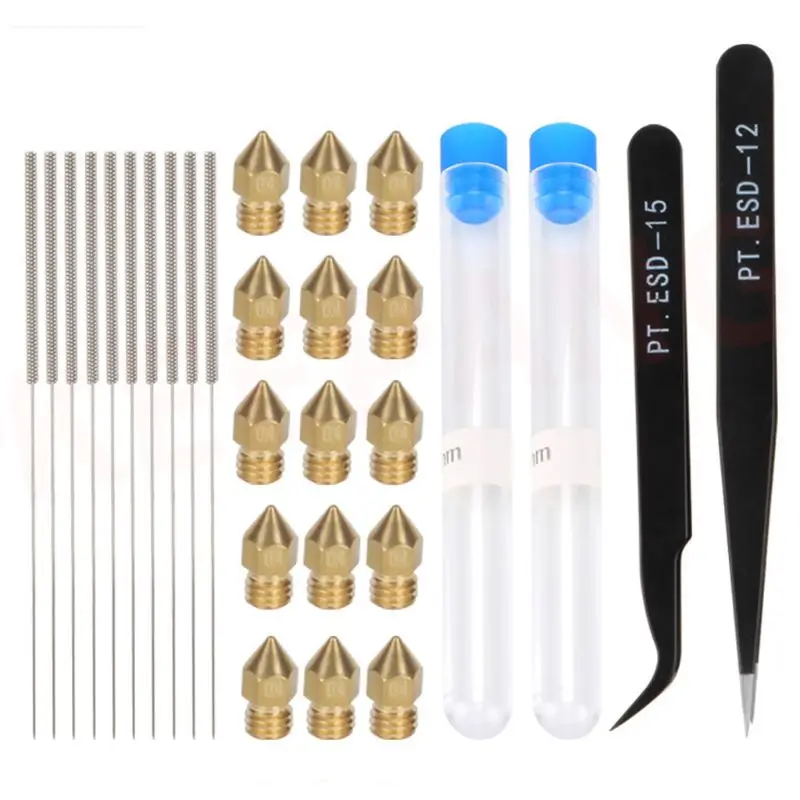 Printer Tool Set 10 Pack 0 4mm MK8 Nozzle 15 Pack 0 4mm Needle and 2 1