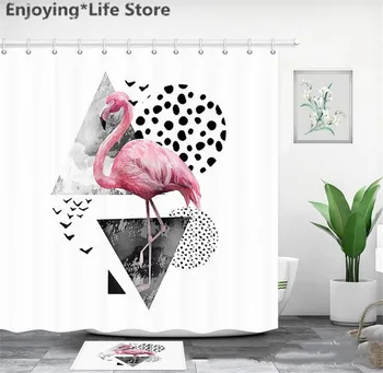

Cartoon Pink Bird Shower Curtain Set Waterproof Shower Curtain Bathroom Bath Mat Fabric Rugs with Mat 12 Hooks