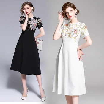 

Women's mini dress 2020 summer new Retro Embroidered Dress Women's Medium Temperament Elegant Short Sleeve A-line Skirt