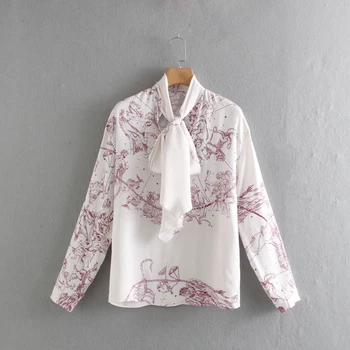 

VomVoa 2020 spring new European and American style casual printed long-sleeved bow decoration shows a stylish temperament shirt