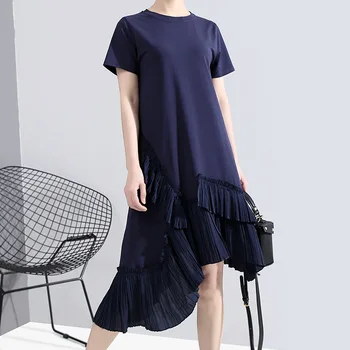 

Women Solid Black Long Asymmetrical Dress Plus Size Ruffles Stitched Female Stylish Short Sleeve A-Line Dress Casual Robe Style