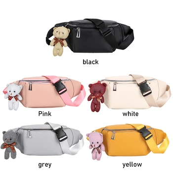 

Fashion Solid Color Women Fanny Waist Bags PU Leather Bear Pendant Chest Shoulder Pack Ladies Zipper Phone Pouch