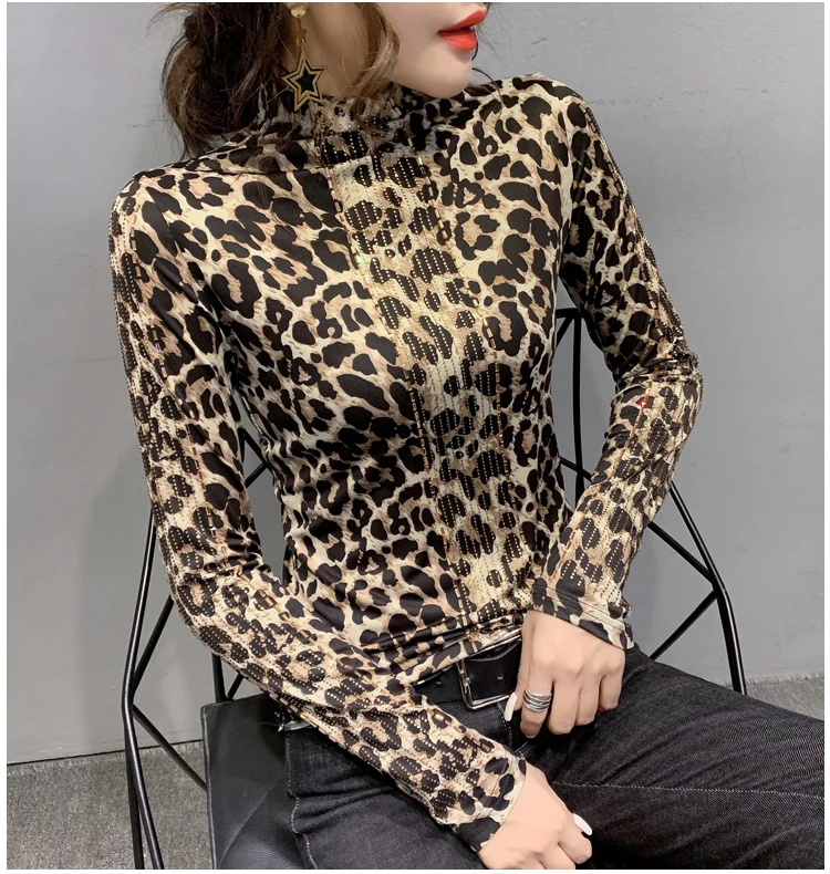 Leopard tshirt Корейская одежда, сексуальная блестящая футболка с бриллиантами,, весна-осень, женские хлопковые топы, яркая рубашка с длинным рукавом, ropa mujer, футболки T9D803 - Цвет: Leopard tshirt