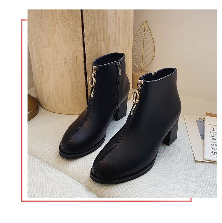 Bottes femme nouveau/Модные женские ботинки зимние плюшевые теплые черные простые кожаные ботинки наивысшего качества на массивном каблуке с молнией спереди; botas mujer