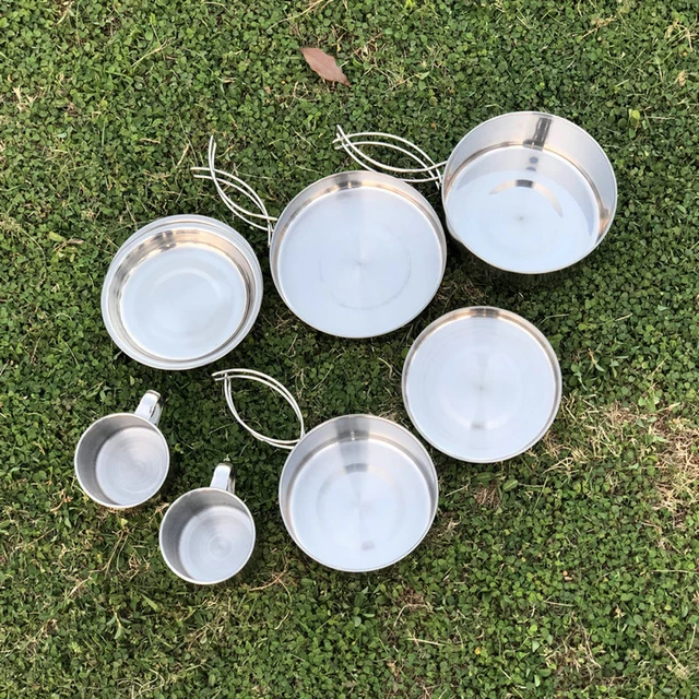 8pcs Outdoor Pan Set Stainless Steel Stacking Pots Hiking Pot Camping Cookware Non-stick Picnic Cooking Bowl Pot Kit 6