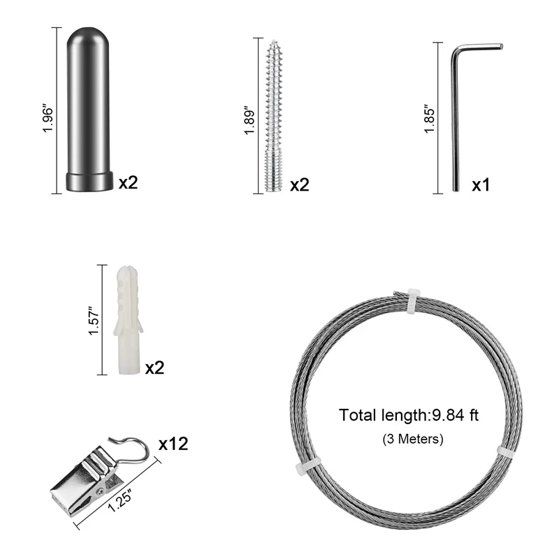 

Curtain Drape Wire Rod Set with 12 Clips, Stainless Steel Picture Hanging Wire Clothesline Wire Multi-Purpose Set Hang Photos, N