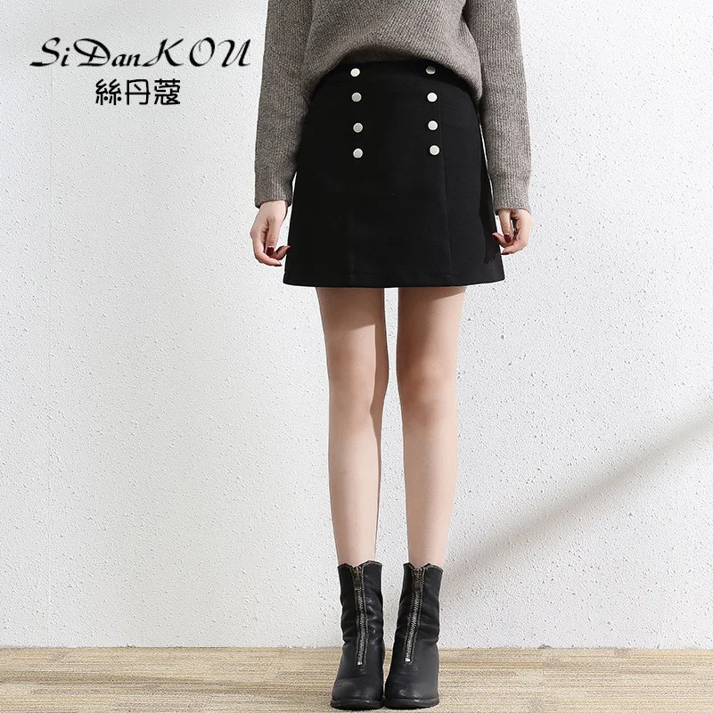 

Black And White with Pattern Double Breasted Skirt Women's Autumn And Winter 2019 New Style Korean-style Slimming High-waisted A