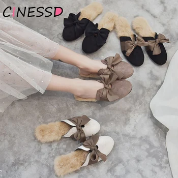 

Elegant Bow Real Rabbit Fur Slides 2019 Autumn New Office Ladies Furry Slippers Winter Christmas Fashion Work Shoes Streetwear