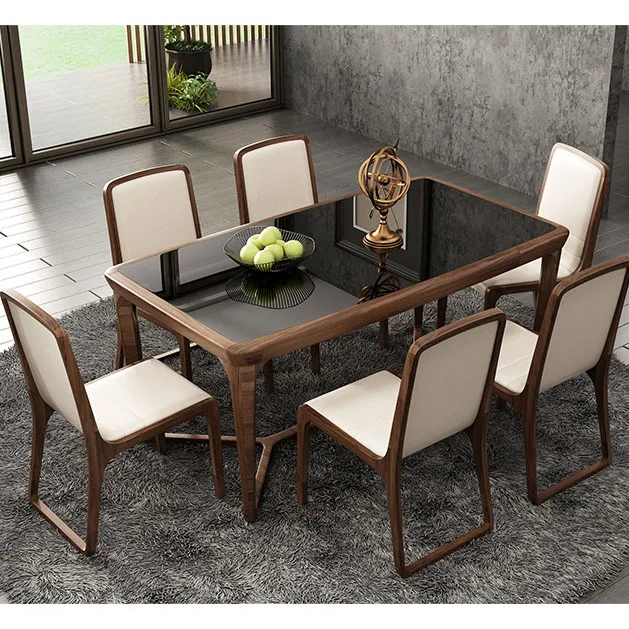 

Black walnut solid wood dining table and chair combination Nordic modern minimalist restaurant furniture dining table