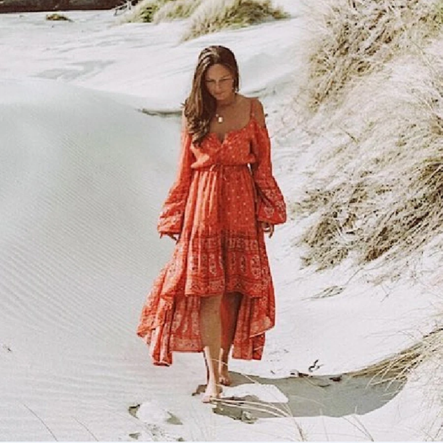 TEELYNN boho платья сексуальное холодное shulder длинные платья с длинным рукавом вискоза оранжевый цветочный принт осеннее платье цыганское для женщин Vestido