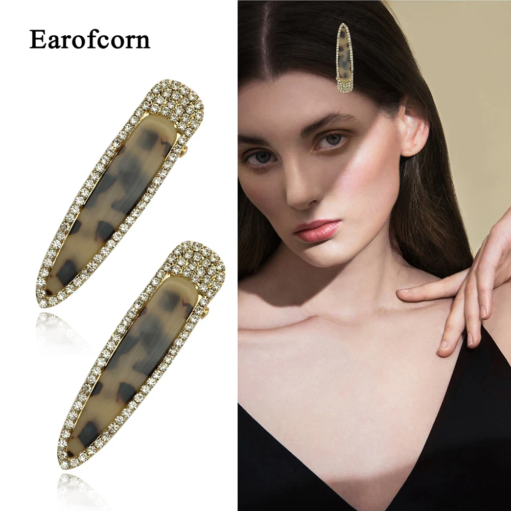 Earofcorn новые Леопардовый цвет, акриловый простые волосы Pin Последняя Мода со стразами и боковой заколки клип один заколка для волос (пар