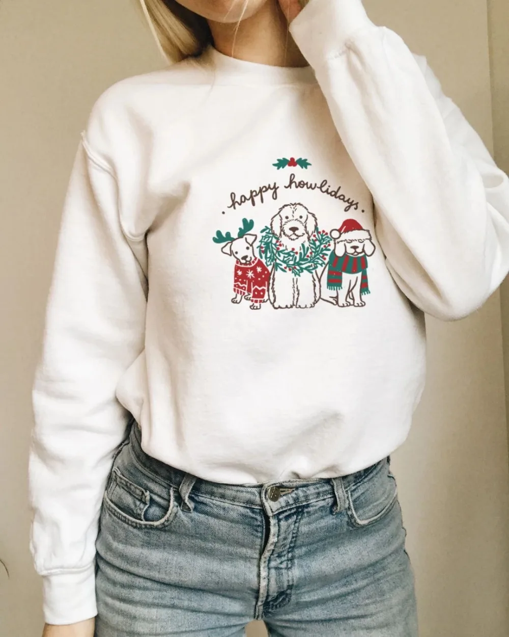 Толстовка Happy Howlidays с надписью «Merry Christmas Dog Gift»; джемпер; Повседневная хлопковая хипстерская одежда; Kawaii Tumblr; топы с круглым вырезом; Прямая поставка