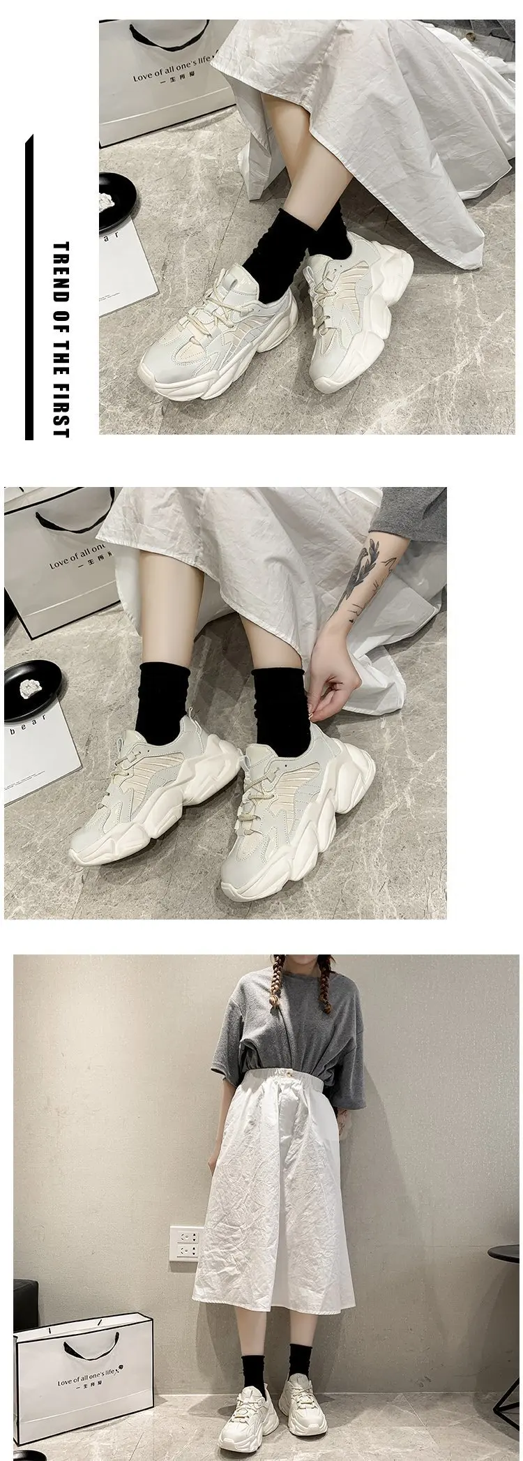 2022 Black Platform Sneakers Women Shoes Casual Lace Up Thick Sole Shoes Woman Beige Chunky Sneakers Leather Vulcanize Shoes